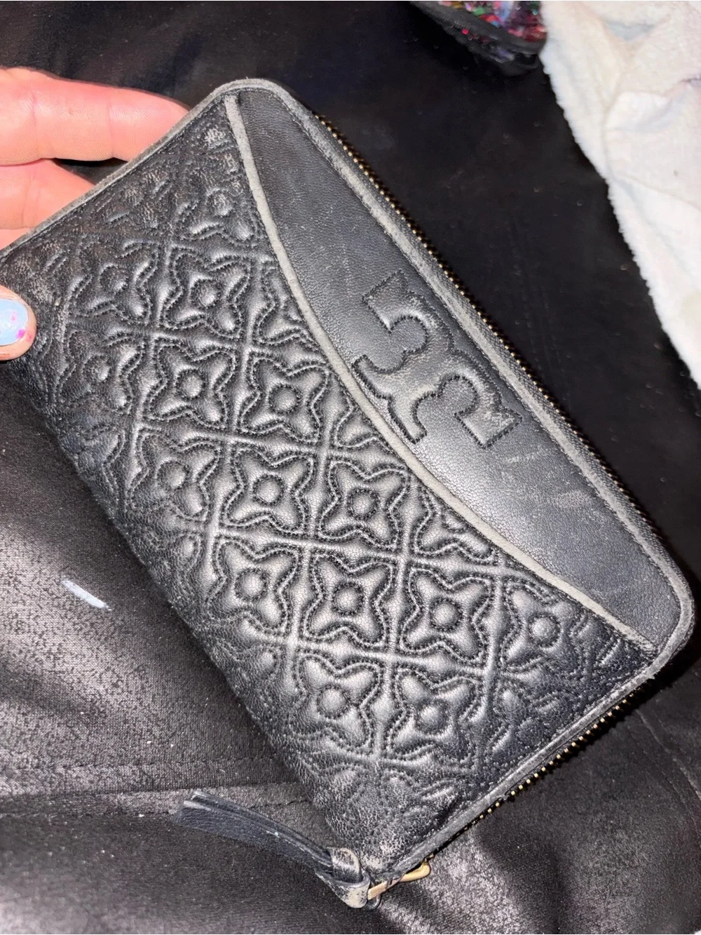Tory Burch Black Embossed Leather Card Zip Wallet